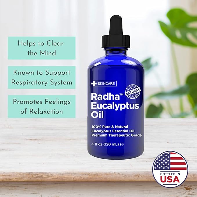 Radha Beauty Eucalyptus Essential Oil 4 oz - 100% Pure & Therapeutic Grade, Steam Distilled for Aromatherapy, Relaxation, Shower, Sauna, Bath, Steam Room and Other DIY Projects.