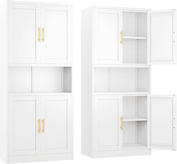 Pantry Cabinet 61" H Metal Kitchen Cabinet with 4 Doors, Bathroom Cabinets, 2 Adjustable Shelves for Kitchen, Home Office, Living Room, Dinning Room (White)