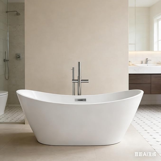 67'' Freestanding Bathtub, Acrylic, Deep Soaking Tub with Non-Slip Surface, Modern Free Standing Bath Tub, Chrome Drain, cUPC Certified, Easy Install, Space-Saving Bathtub for Bathrooms, White