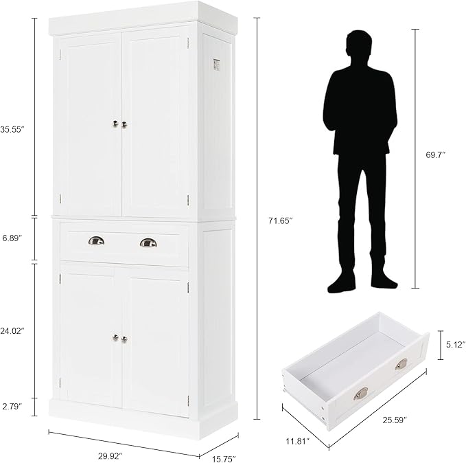 VINGLI 71-Inch White Storage Cabinets with Drawers, Freestanding Pantry Cabinets with Doors and Shelves Adjustable, Wood Farmhouse Kitchen Pantry Cupboard