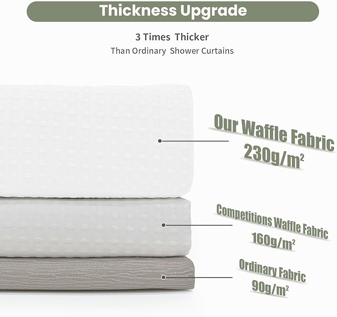 Inhousolu Fabric Shower Curtain Waffle Weave, 230 GSM Heavy Duty, Weighted Hem, 14 Metal Hooks, Water Repellent, Machine Washable, Hotel Spa Luxury Bath Curtain Set, 72 x 84 Inch, White