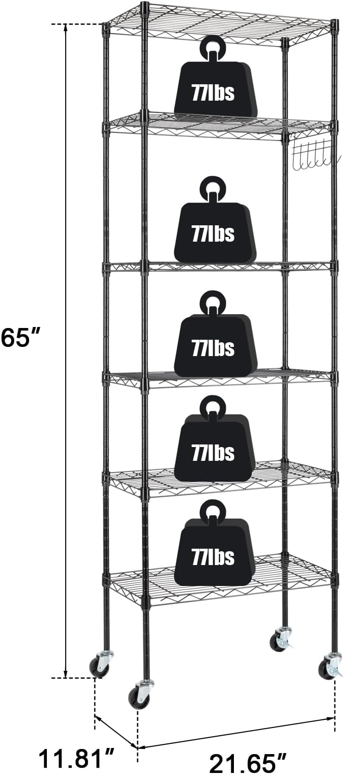 6 Tier Storage Racks Shelving, Heavy Steel Pantry Shelves, Adjustable Wire Shelving Rack with Wheels, Suitable for Garage, Kitchen, Bathroom, Office, 22" W x 12" D x 65" H, Black