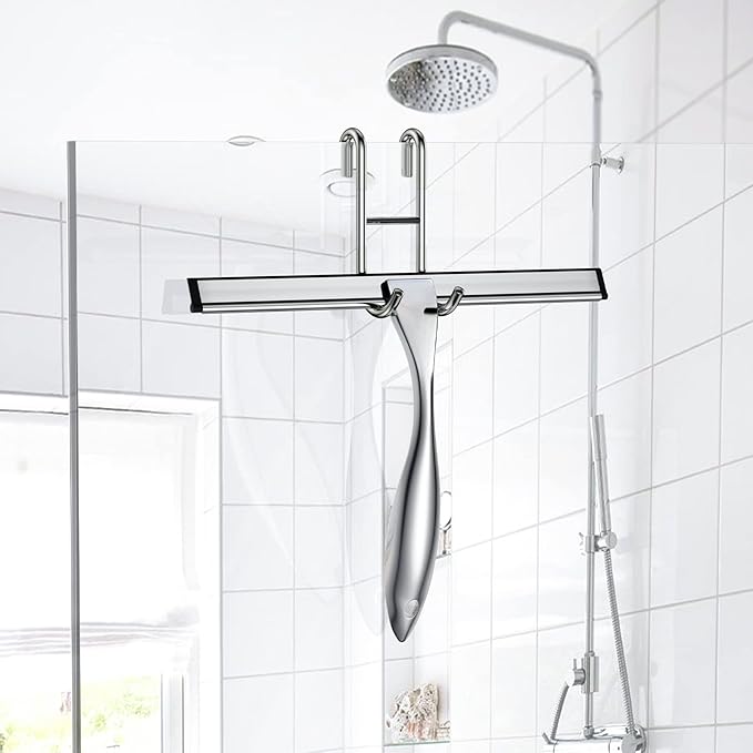 Shower Squeegee for Glass Door 12-Inch Stainless Steel Bathroom Squeegee Window Wiper, 100% Streak-Free, Includes Shower Door Hook and Adhesive Hook, for Window Mirror Tiles Car All-Purpose Squeegee