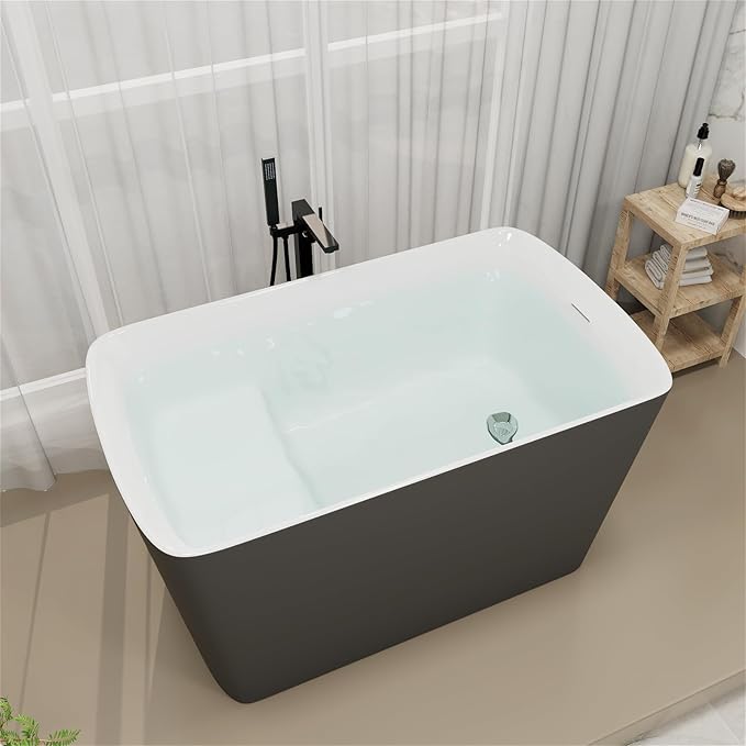 47" Lucite Acrylic Freestanding Bathtub，Square Shape Janpanese Soaking Tub with Seat Desgin,Toe-tap Chrome Right Drain, Slotted Overflow, cUPC Certified, 37° Gray