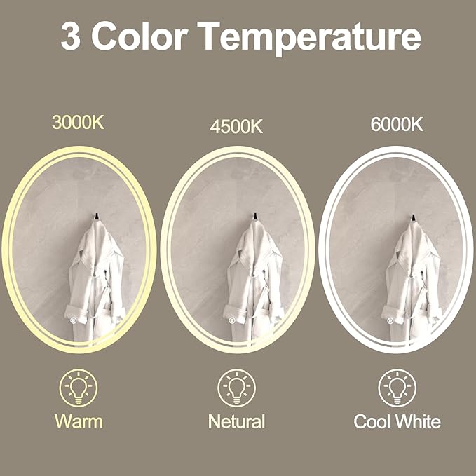 36 X 28 Inch Oval LED Bathroom Mirror Anti-Fog Wall Mounted Lighted Bathroom Vanity Mirror Smart Makeup Mirror 3 Colors Light Dimmable Touch Switch