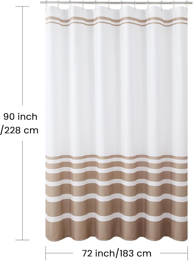 72x90 Inch Extra Long Shower Curtain, Beige and White Ombre Striped Waterproof Fabric, Modern Hotel Spa Design with 12 Rustproof Grommets & Weighted Hem