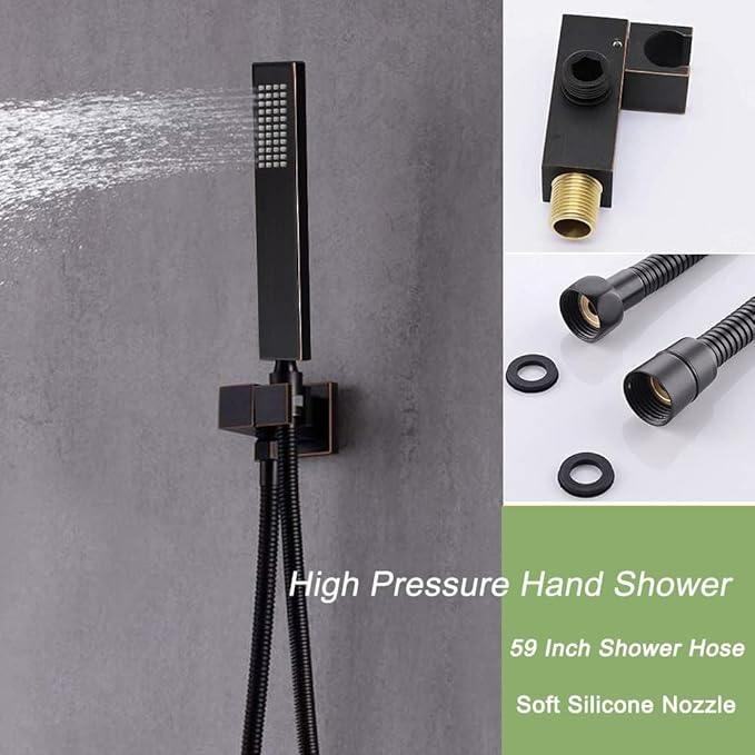 Temperature Display Oil Rubbed Bronze Shower System with 16X24 inch Ceiling Mounted Shower Head(Rain & Waterfall Modes), with 6 PCS Body Jet and Handheld Spray