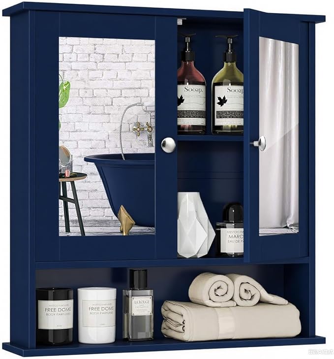 Tangkula Bathroom Medicine Cabinet with Mirror, Wall Mounted Wooden Hanging Organizer with Doors and Shelves, Bathroom Wall Mirror Cabinet (Mirror Doors, Blue)
