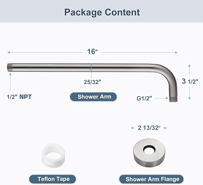 BRIGHT SHOWERS 16-Inch Shower Head Extension Arm with Flange, L Shaped Shower Extender, Extra-Long Stainless Steel Shower Pipe, Brushed Nickel