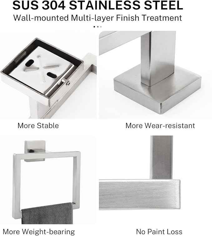 2-Piece Brushed Nickel Square Towel Ring,Modern Hand Towel Holder for Bathroom,Stainless Steel Towel Hangers Wall-Mounted Towel Rack
