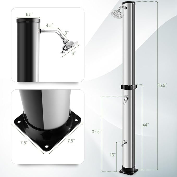 LDAILY Outdoor Shower, 10 Gallon Solar Heated Pool Shower with 360° Rotating Shower Head & Foot Tap, 7.2FT Freestanding Outside Shower Kits for Backyard, Beach, Garden (Black+Silver)