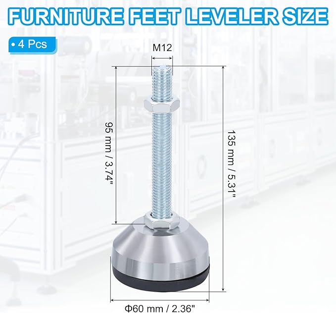 PATIKIL Furniture Leveling Feet 2.4" Dia Base M12 Thread, 4 Pcs Carbon Steel Adjustable Threaded Furniture Levelers Screw on Leg Levelers with Pads for Desk Chair Cabinet, Black