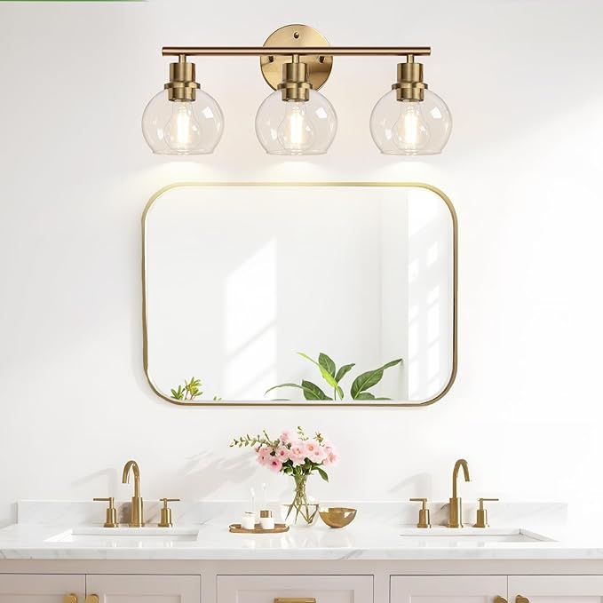 2025 Upgrade 3-Light Bathroom Light Fixtures, Brushed Brass Bathroom Lights Over Mirror with Clear Glass Globe Shade, Vanity Lights for Bathroom Kitchen Living Room Hallway Cabinet Bedroom Porch