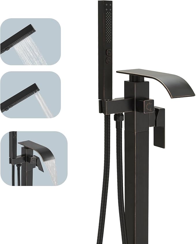 BESy Freestanding Tub Faucet Oil Rubbed Bronze Floor Mounted Tub Filler Faucet Brass Bathroom Tub Faucets with 2 Function Hand Shower