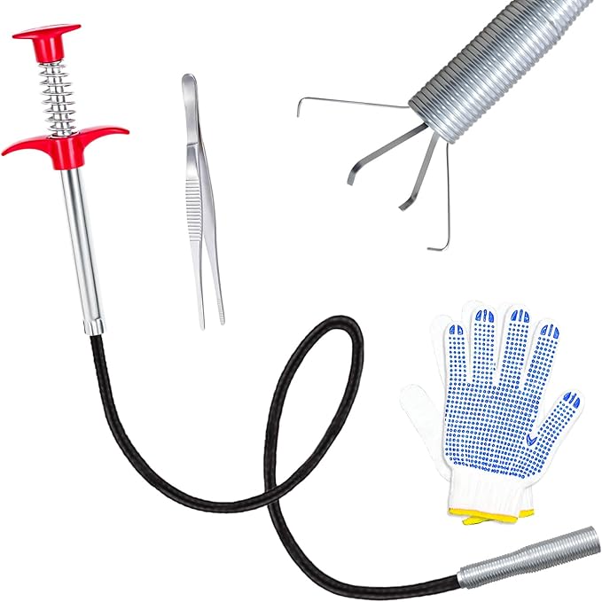 63'' Flexible Grabber Claw (4 Claws), Drain Snake with Tweezers, Bendable Hose Grabber Reacher Tool, Retractable Drain Clog Remover Tool, Pickup Tool for Bath Tub, Toilet, Kitchen Sink & Sewer