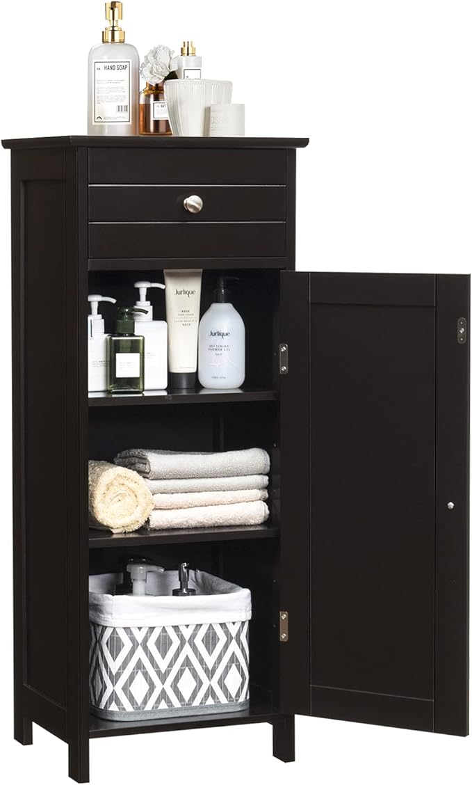 DORTALA Bathroom Floor Cabinet, Free-Standing Wooden Floor Storage Cabinet w/Large Drawer & 2 Adjustable Shelves, Morden Side Storage Bathroom Organizer Cabinet for Living Room, Brown