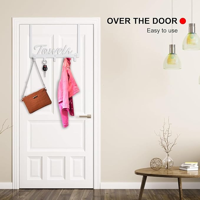 Over The Door Hooks, Heavy Duty Towel Rack with 7 Coat Hooks for Bedroom Bathroom Pool Kitchen Towels and Bags (White)