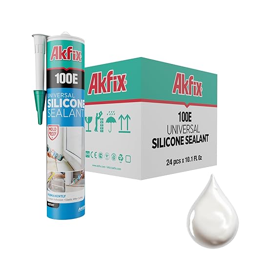 Akfix 100E RTV White Silicone Caulk (24x10.1 fl.oz.) - 100% Waterproof Silicone Sealant for Kitchen and Bathroom, Shower, Toilet, Sink, Window and Door, No Yellowing | White, 24 Pack