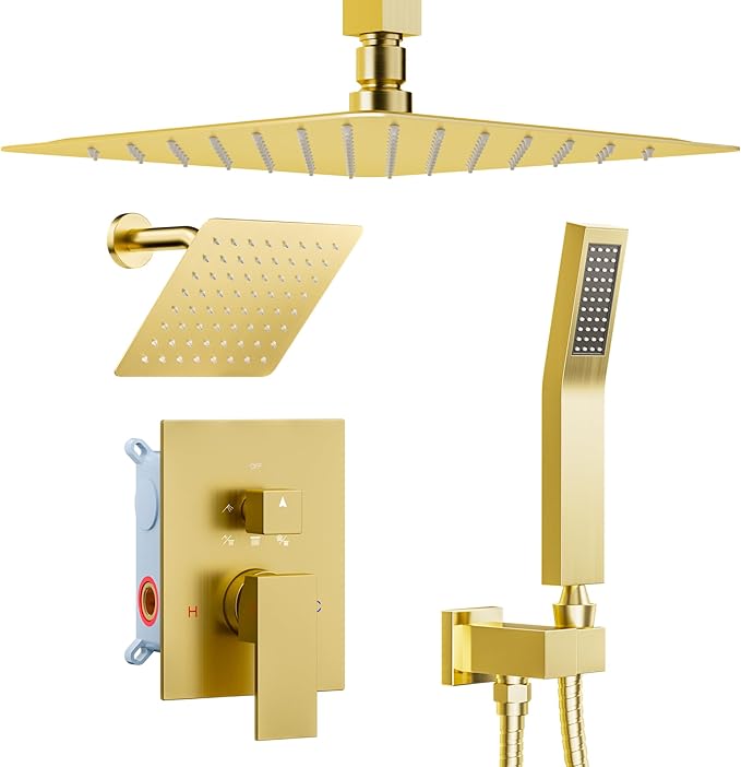 Brushed Gold Shower System, STARBATH 12+6" Rain Shower Head and Handle Set Ceiling Mount, Rainfall Shower Faucet Set Complete with 3 Way Shower Valve with 5 Diverter and Trim Kit