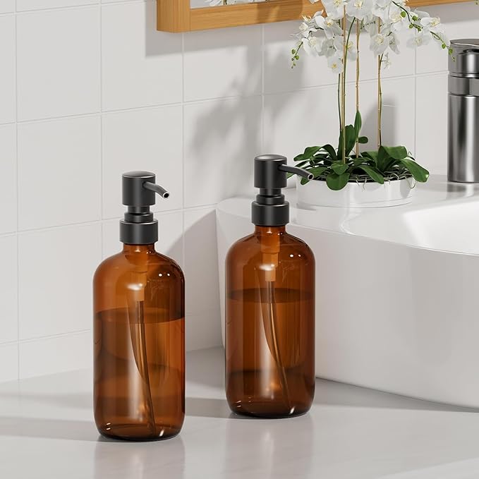 AmazerBath Amber Glass Soap Dispensers, 2 Glass Amber Pump Bottles, 17 Oz Dish Soap Dispenser, Kitchen Bathroom Hand Soap Dispensers for Hand Sanitiser, Shampoo, Lotion, Shower Gel Conditioner