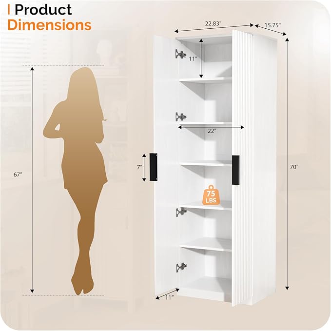 VINGLI 70" Modern Pantry Cabinet with Fluted Doors, 5 Adjustable Shelves, Tall Storage Solution for Kitchen, Dining Room, or Living Room, White