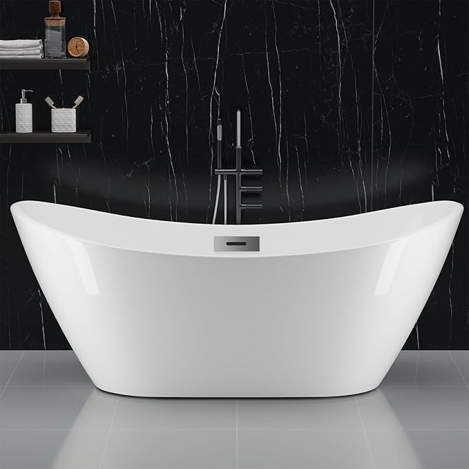 59" Free Standing Tub, Acrylic Freestanding Bathtub, Modern Soaking Tub with Integrated Overflow and Drain, White Bathroom Fixture, Stand Alone Bathtub, CUPC Certified, Gloss White