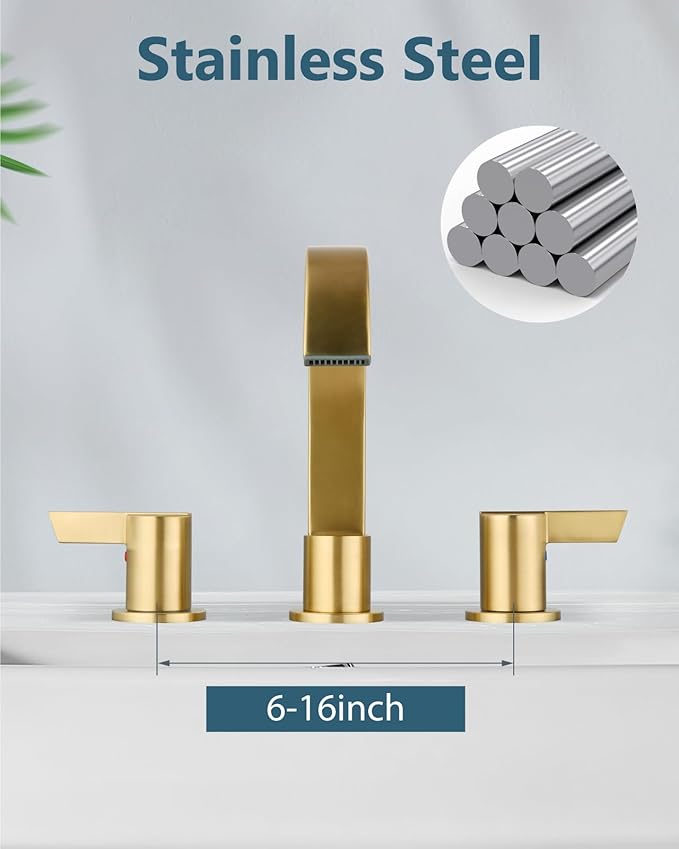 Aolemi Bathroom Faucets 3 Hole,8 Inch Widespread Waterfall Bathroom Sink Faucet,2 Handles Vanity Faucet with Pop-up Drain and Supply Hose,Brushed Gold