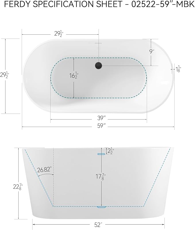 FerdY Shangri-La 59" Acrylic Freestanding Bathtub, Gracefully Shaped Soaking Bathtub, Glossy White, cUPC Certified, Matte Black Drain & Minimalist Linear Design Overflow Included, 02522