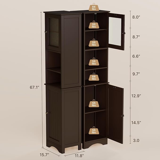 Gizoon Tall Bathroom Storage Tower, Freestanding Linen Cabinet with Two-Way Doors, Adjustable Shelves, Anti-Tip Floor Cabinet, for Home, Kitchen, Living Room, Dark Brown
