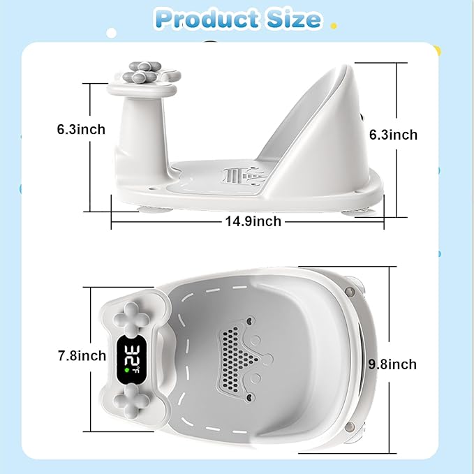 Baby Bath Seat for Babies 6 Months & Up - Bathtub Seats for Babies Sitting Up, Non-Slip,Smart Real-Time Temperature& 4 Suction Cups(Grey)