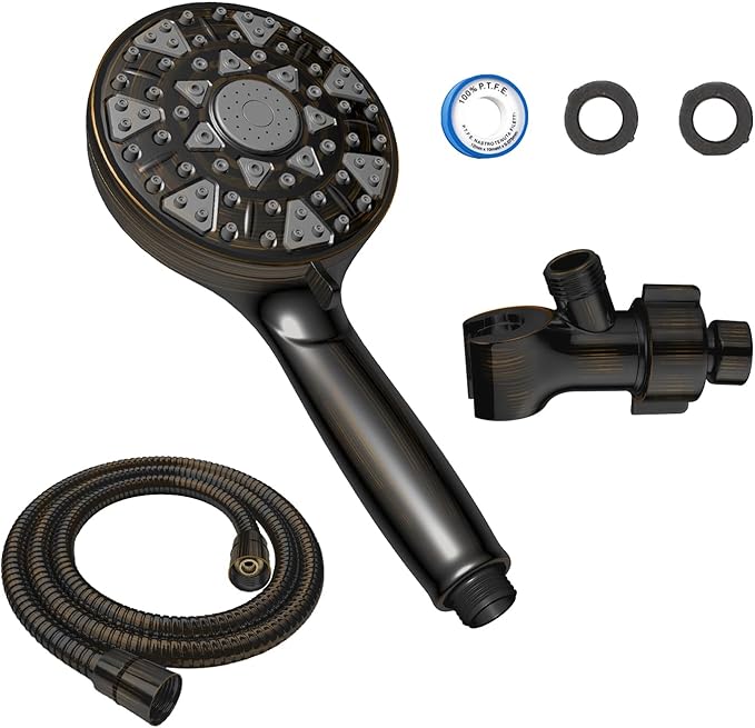 Shower Head With Handheld 7 Settings High Pressure, Built-in Power Wash, 5" High Powerful Hand Held Rain Showerhead with Stainless Steel Hose and Adjustable Bracket (Oil Rubbed Bronze)