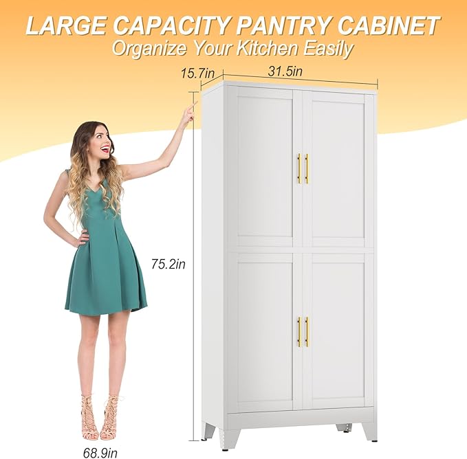 75" Tall Metal Kitchen Pantry Storage Cabinet, Freestanding Cupboard with 4 Doors and 4 Adjustable Shelves, Standing Storage for Kitchen, Bathroom, Garage, Dinning Room or Utility Room（White）