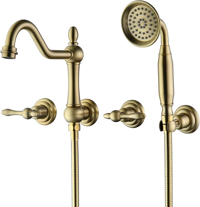 SUMERAIN Wall Mount Tub Faucet with Hand Shower, Brushed Gold Traditional Style Bathtub Faucet, Rough-in Valve Included