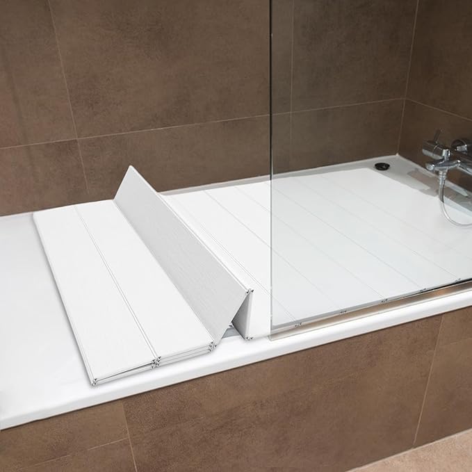 Bathtub Cover Foldable 62.9" x 31.5" Bath Tray Adjustable PVC Shutter Bath Lid Anti-dust Bathtubs Cover for Tub Can Store Wine Glass, Books, Tablets, Cellphones (White)