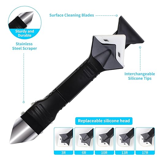 11Pcs Silicone Caulking Tools 3 in1 Grout Removal Tool(Stainless Steelhead)&Grout Remove Scraper,5 Silicone Replaceable Pads,4 Glass Glue Angle Scraper, Caulk Remover for Kitchen/Bathroom/Window/Joint