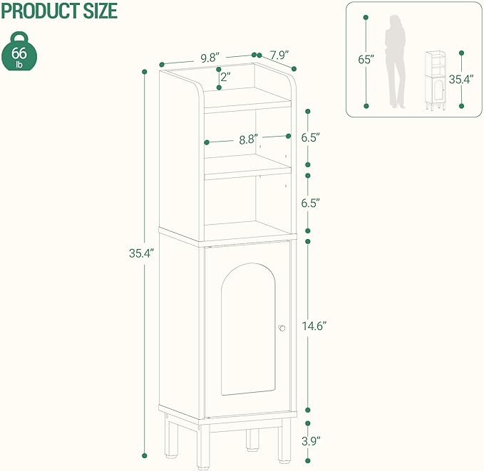 Bathroom Storage Cabinet, Small Corner Floor Cabinet with Door and Shelves, Narrow Toilet Paper Holder, Bathroom Organizer with Adjustable Shelf, for Small Spaces, Black BC38204GV1
