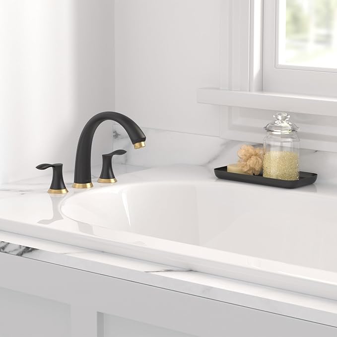 Black Gold Roman Tub Faucet, Lava Odoro 8 inch Widespread Bathtub Faucet with Valve, High Flow 2 Handle Deck Mount Tub Faucet, Solid Brass 3 Hole Bath Tub Filler TF405-GB