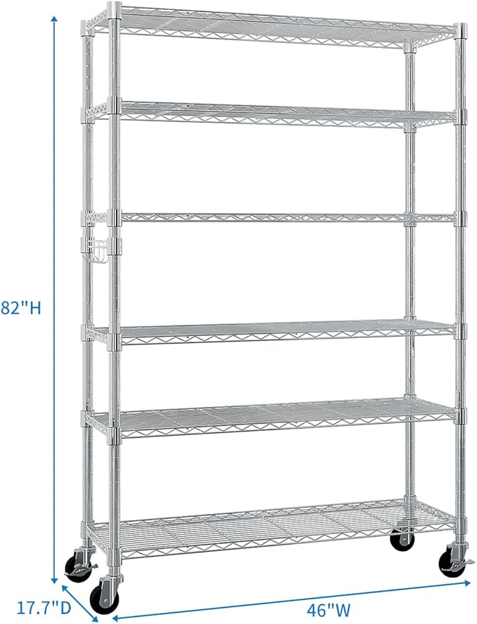 6 Tier Storage Racks Shelving, Heavy Steel Pantry Shelves, Adjustable Wire Shelving Rack with Wheels, Suitable for Garage, Kitchen, Bathroom, Office, 46" W x 18" D x 82" H, Chrome