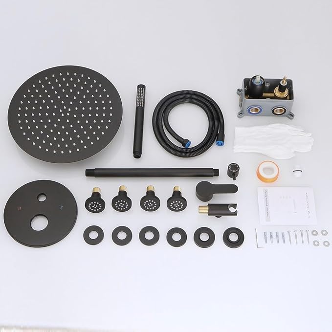 Matte Black Round Shower Faucet Set with Body Jets 10 Inch Shower Head Handheld Shower Combo Set High Pressure Ceiling Mount with Rough-in Valve