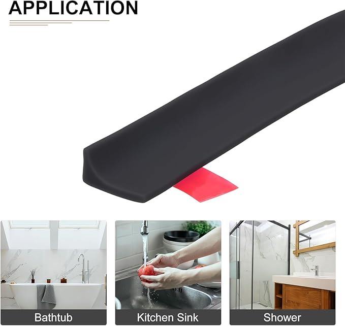 79"x0.8"x0.5" (LxWxH) Collapsible Shower Barrier Stopper - 1 Pack - Good for Bathroom Kitchen - L Shape Water Splash Guard Blocker - Black