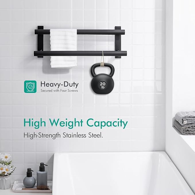 BAGNOLUX Double Towel Bar, SUS304 Towel Racks for Bathroom Wall Mounted 2-Tiers Ladder Towel Rails, Space Saving Bathroom Towel Holder Shelves Rack, Long Towel Hanger (16"-Square-Matte Black)