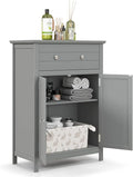 COSTWAY Bathroom Floor Cabinet, Wooden Side Storage Organizer w/Larger Drawer, Adjustable Shelf & 2-Door Cupboard, Freestanding Storage Cabinet for Living Room, Kitchen, Entryway (Grey)