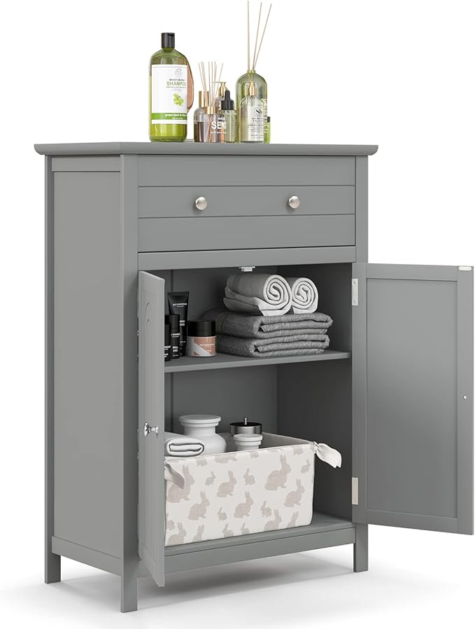 COSTWAY Bathroom Floor Cabinet, Wooden Side Storage Organizer w/Larger Drawer, Adjustable Shelf & 2-Door Cupboard, Freestanding Storage Cabinet for Living Room, Kitchen, Entryway (Grey)