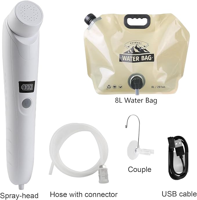 Portable Outdoor Shower, Handheld Electric Shower+8L Water Bag, IPX6 Waterproof, USB Charging, Compact and Lightweight, Suitable for Outdoor Camping, Beach Shower, Hiking, pet Bathroom