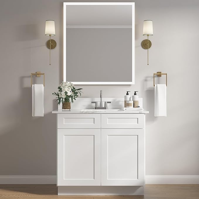 ROOMTEC Bathroom Cabinet, 30'' Free Standing Single Bathroom Vanity with 2 False Drawers and 2 Doors,Morden Bathroom Sink Vanity Storage Cabinet, Shaker White