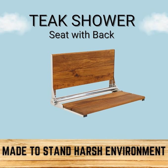 Folding Shower Seat Wall Mounted with Back | 500 lbs Maximum Load Capacity | ADA Compliant Safety Assist Teak Shower Seat for Seniors, Handicapped, and Children | 304 Stainless Steel Frame | 26” x 16”