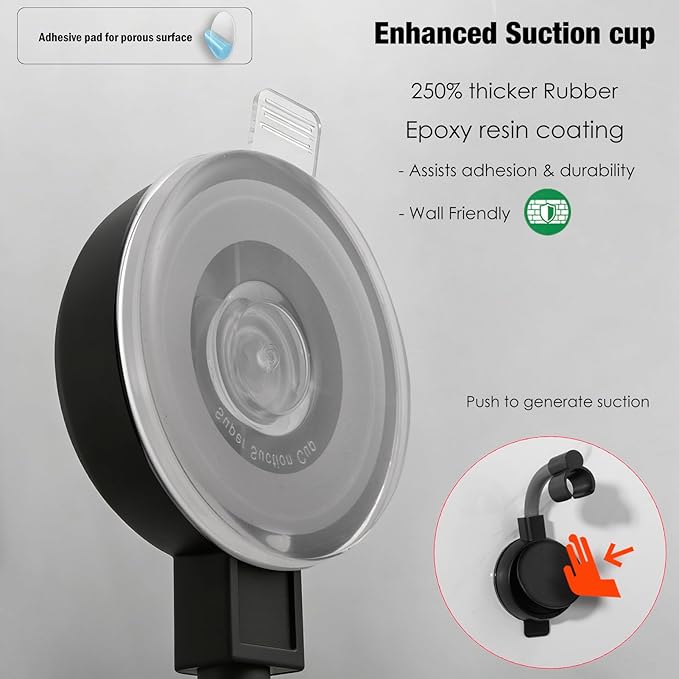 Suction Cup Handheld Shower Head Holder - Reusable - 360 Swivel Adjustable (Matt Black)