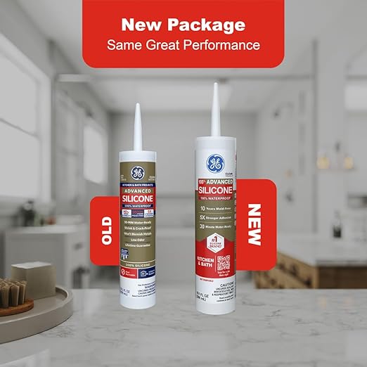 GE Advanced Silicone Caulk for Kitchen & Bathroom, Clear, 10 fl oz Cartridge, 1 Pack - 100% Waterproof Silicone Sealant, 5X Stronger Adhesion, Shrink & Crack Proof