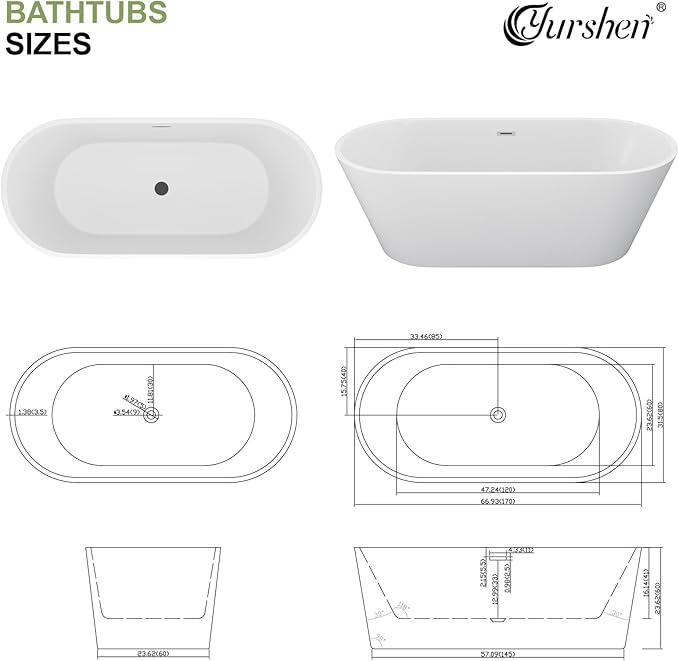 67 Inch Freestanding Acrylic Soaking Tub White Roll Top Deep Bathtub with Black Drain Relaxing Home Spa, YSB9222