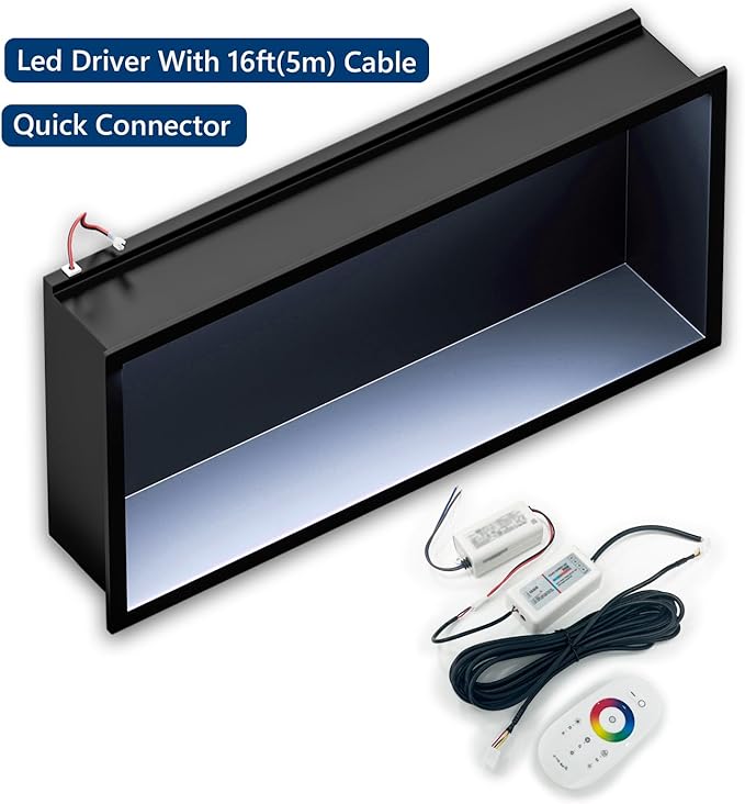 RGB LED Light Shower Niche, Matte Black 36X12 in Stainless Steel Wall Niche with Remote Control, Waterproof No Tile Needed Wall Niche for Bathroom Storage Over Mount Installation